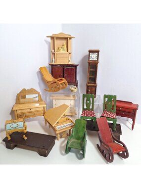 Wooden Dollhouse Furniture Chairs Clock Vintage Lot A Few Need Repairs